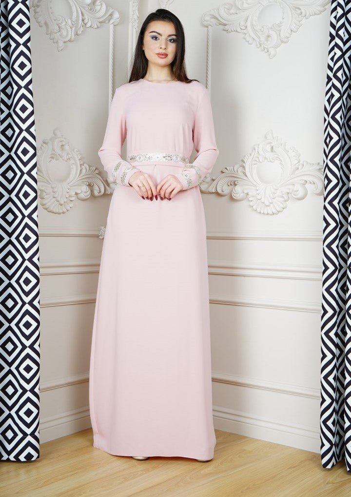 Pink Plain Belted Long Dress
