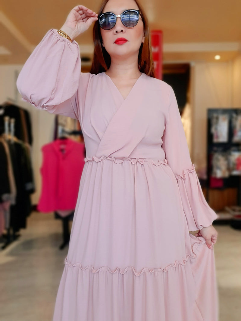 Pink Ruffle Plain Long Dress