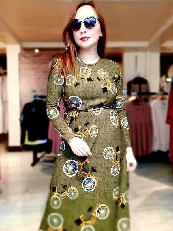 Green Graphic Belted  Long Dress