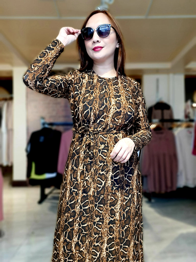 Brown Animal Print Snake Skin Belted  Long Dress