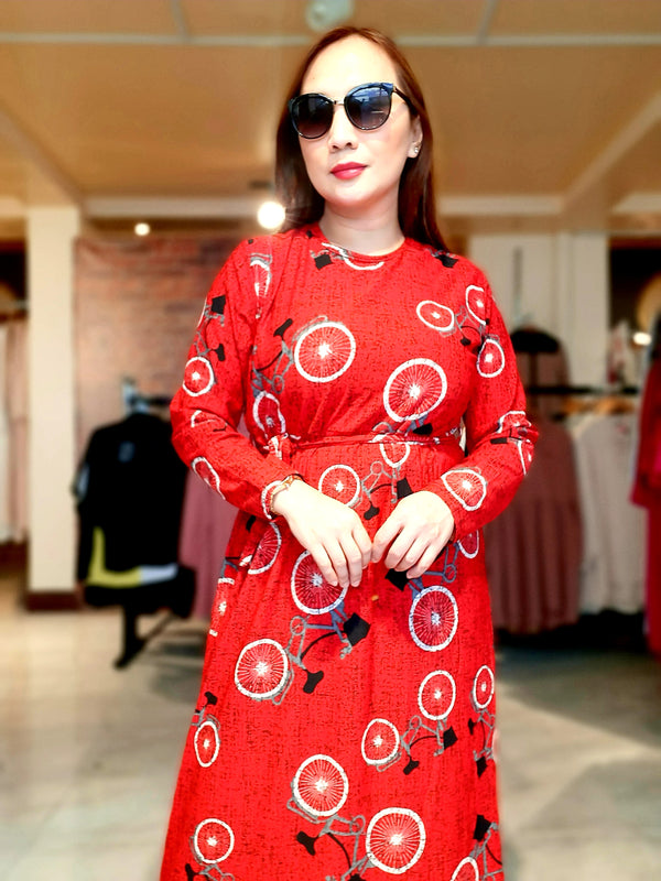Red Graphic Belted  Long Dress