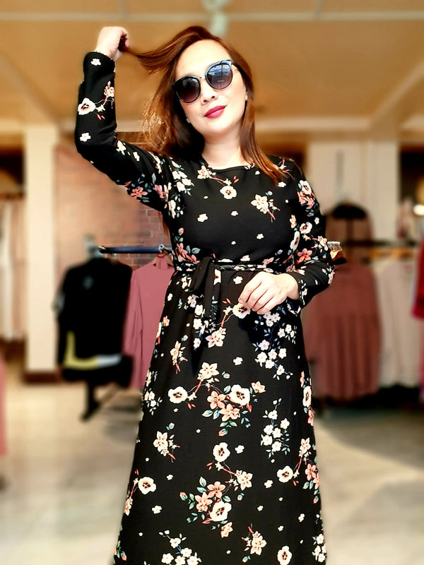 Black Floral Belted  Long Dress