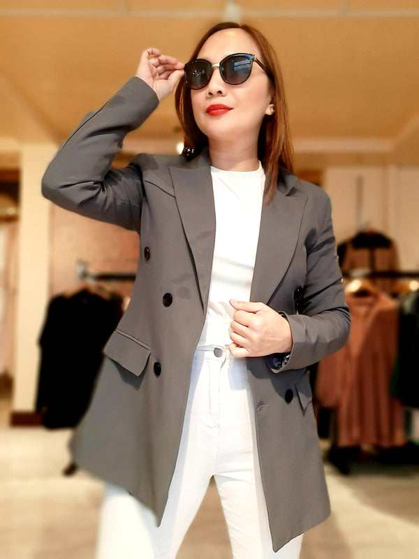 Grey 6-Buttoned Plain Formal Blazer