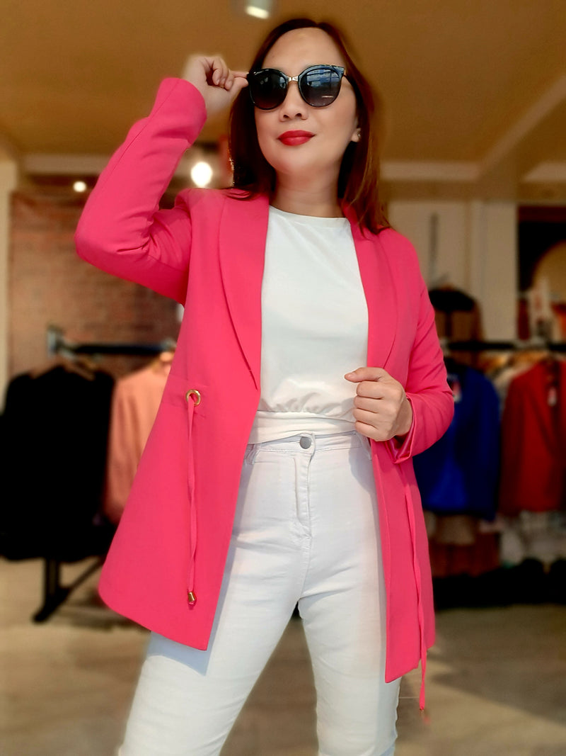 Pink Plain Ribbon Waist Formal Blazer