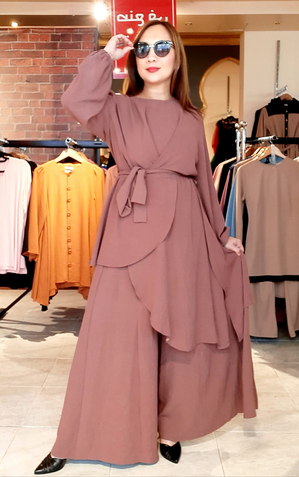 Brown Belted Tunic and Wide Pants Takim Set
