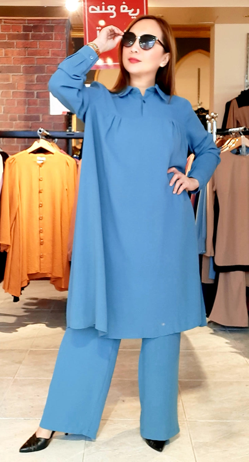 Turquoise Collar Long Tunic and Pants Takim Set