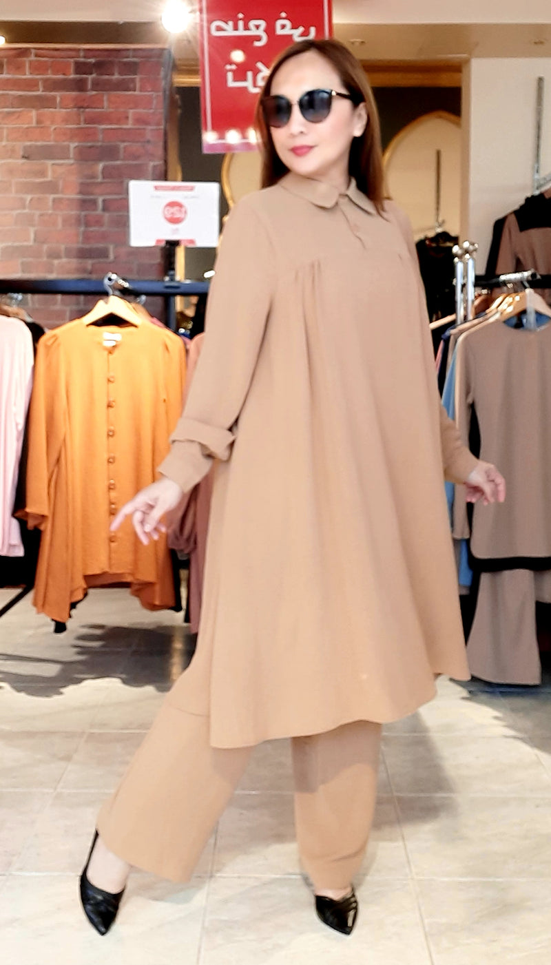 Brown Collar Long Tunic and Pants Takim Set