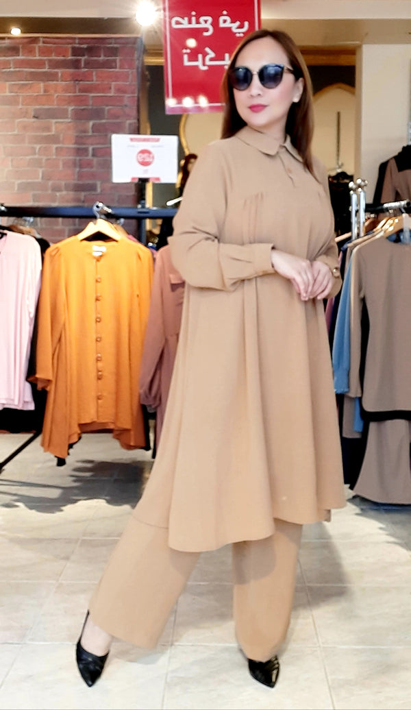 Brown Collar Long Tunic and Pants Takim Set