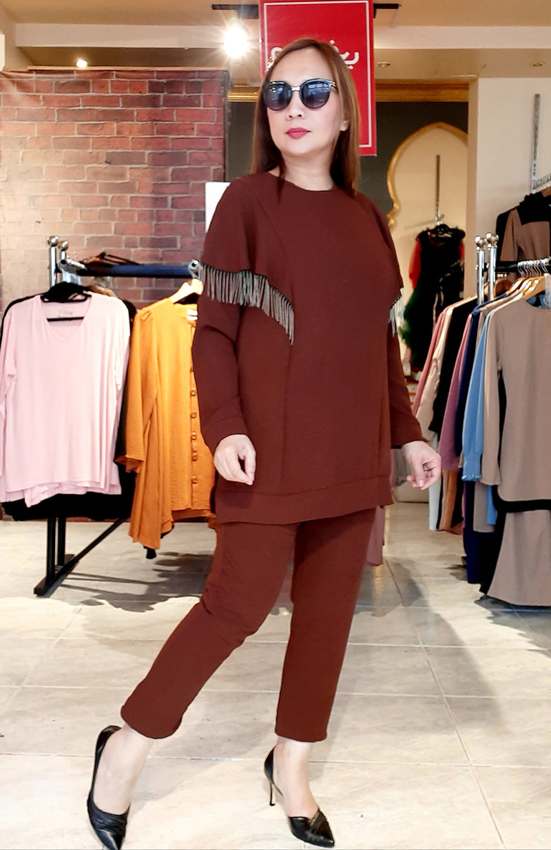 Brown Tunic Bling and Pants Takim Set