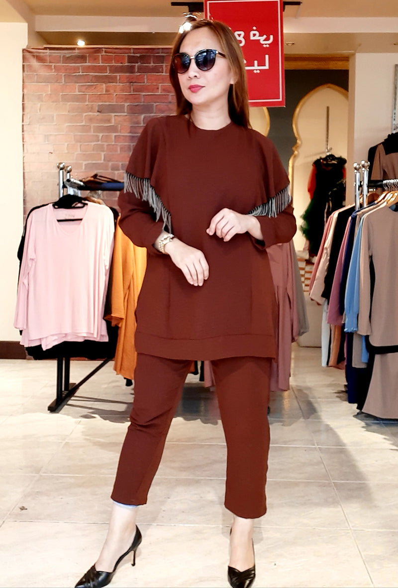 Brown Tunic Bling and Pants Takim Set