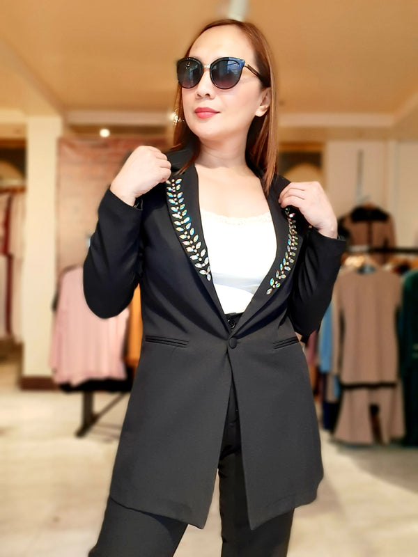 Black V-Collar Stone Formal Takim Suit