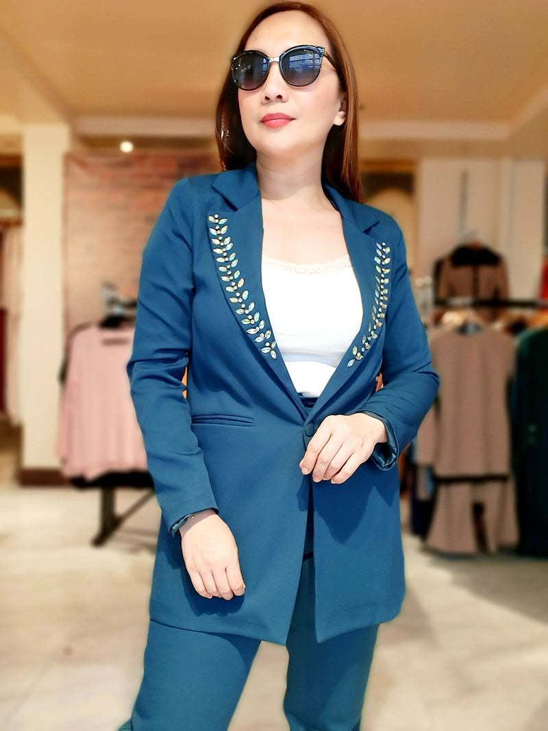 Turquoise V-Collar Stone Formal Takim Suit