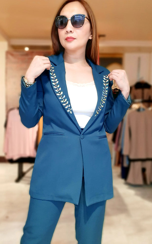 Turquoise V-Collar Stone Formal Takim Suit