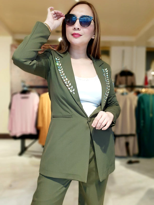 Green V-Collar Stone Formal Takim Suit