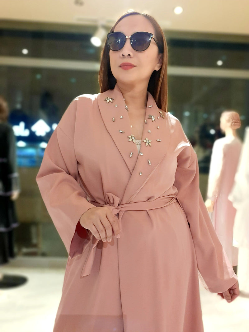 Pink Long Coat Belted  V-Collar Stone Formal Takim Suit