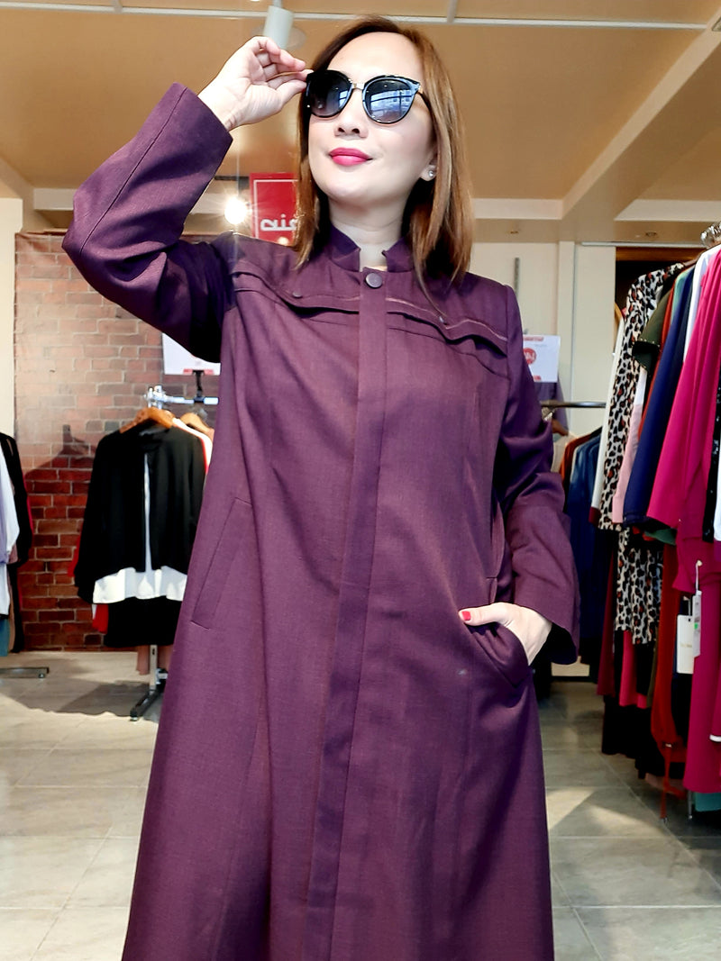 Purple Buttoned Plain Long Dress Abaya