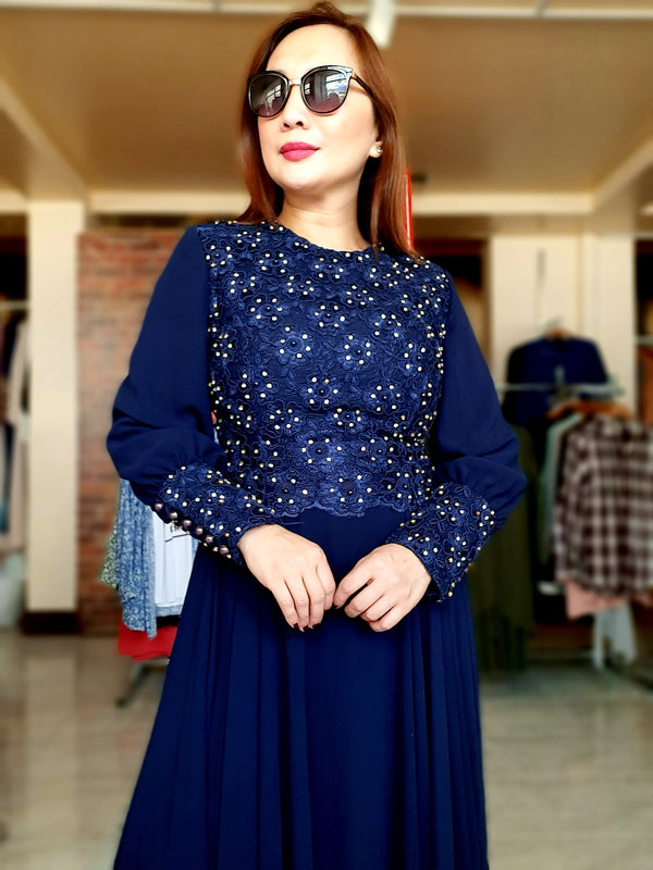 Dark Blue Chiffon with Stone Design Long Party Dress