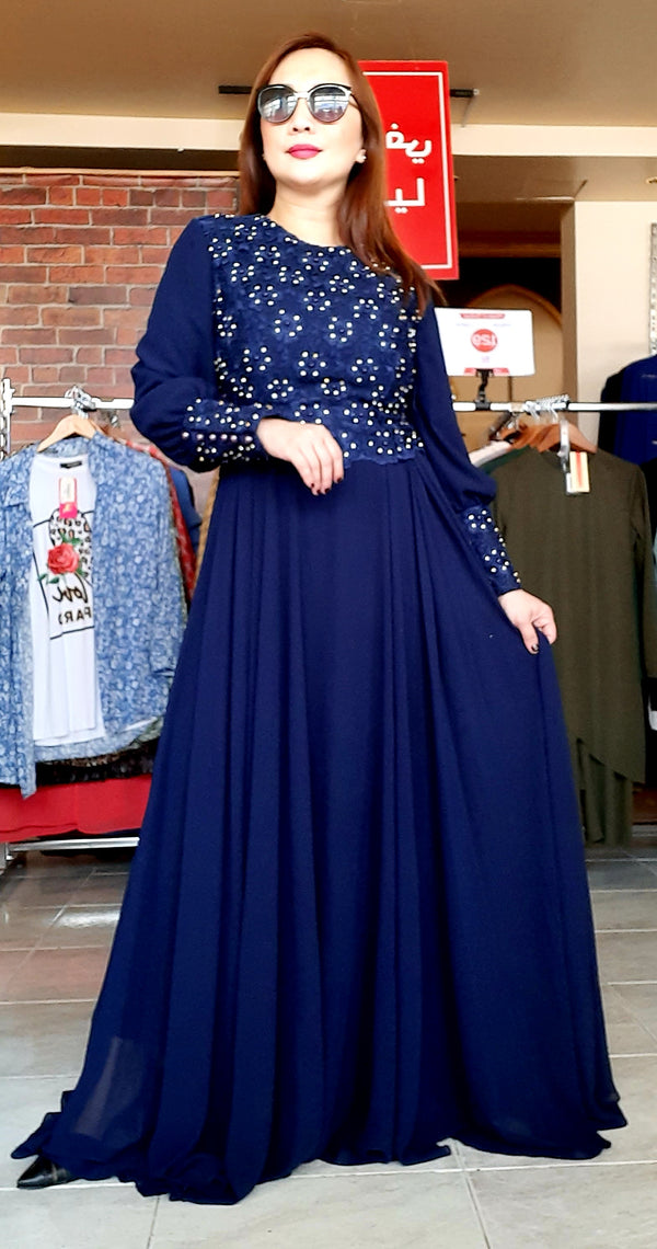 Dark Blue Chiffon with Stone Design Long Party Dress