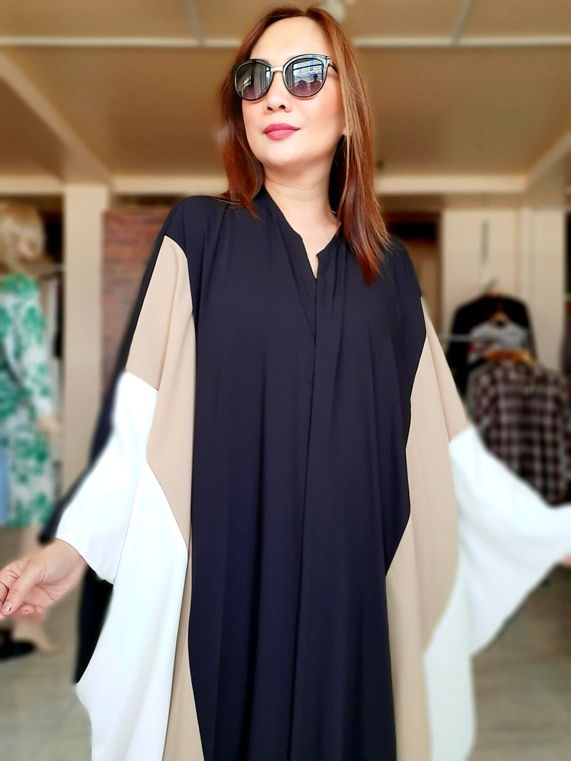 Beige Tri- Color Poncho Long Dress Abaya