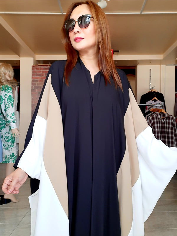 Beige Tri- Color Poncho Long Dress Abaya