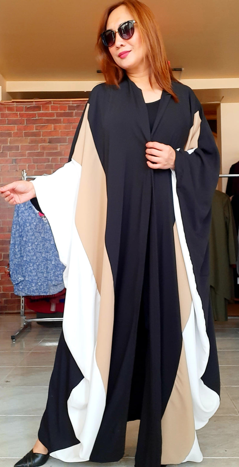 Beige Tri- Color Poncho Long Dress Abaya