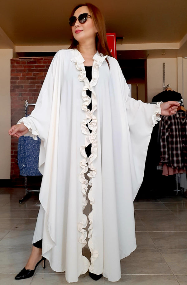 White Ruffled Poncho Long Dress Abaya