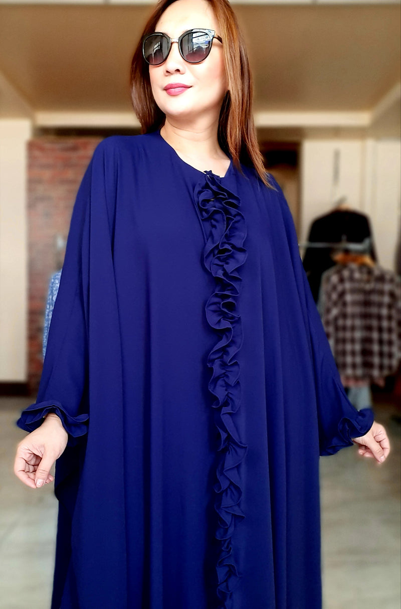 Blue Ruffled Poncho Long Dress Abaya