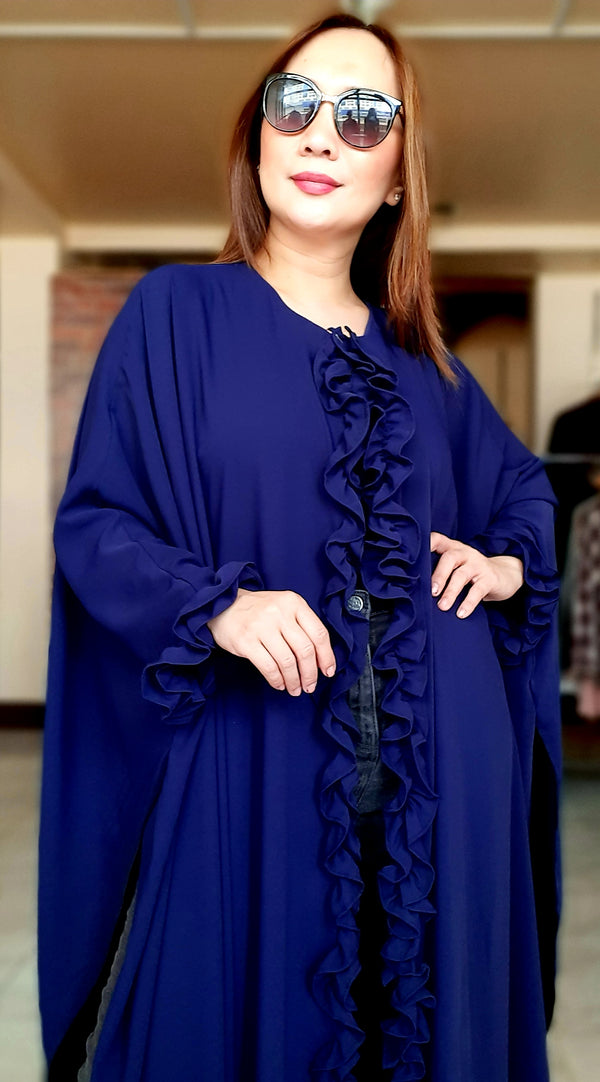 Blue Ruffled Poncho Long Dress Abaya