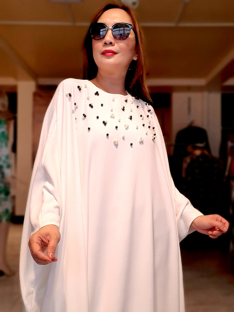 White Poncho with Black and White Pearled Long Dress Abaya