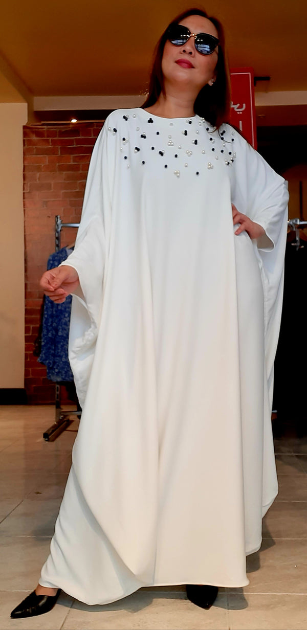 White Poncho with Black and White Pearled Long Dress Abaya