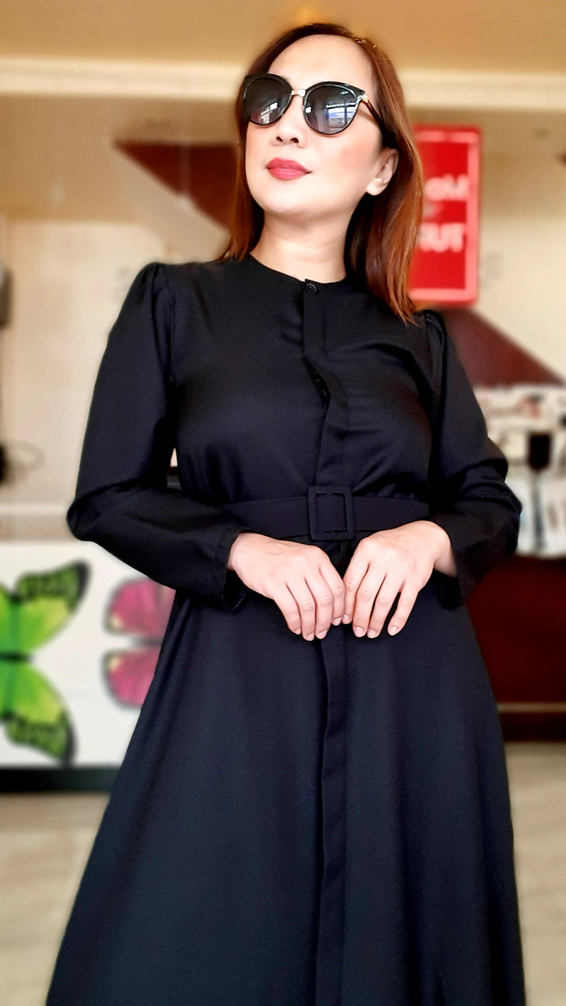 Black Plain Belted Long Dress
