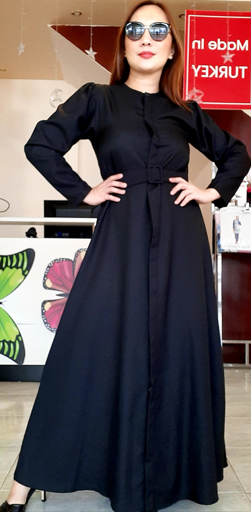 Black Plain Belted Long Dress