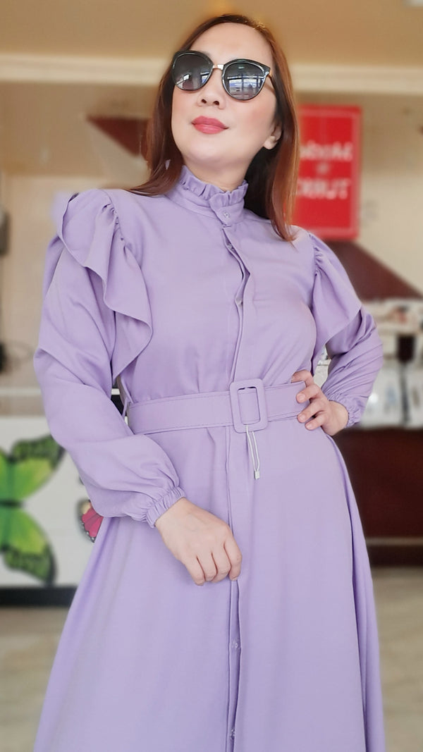 Purple Ruffled Belted Long Dress
