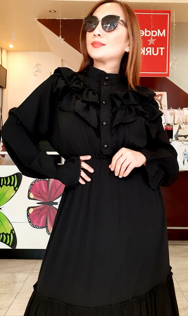 Black Plain Ruffle Long Dress