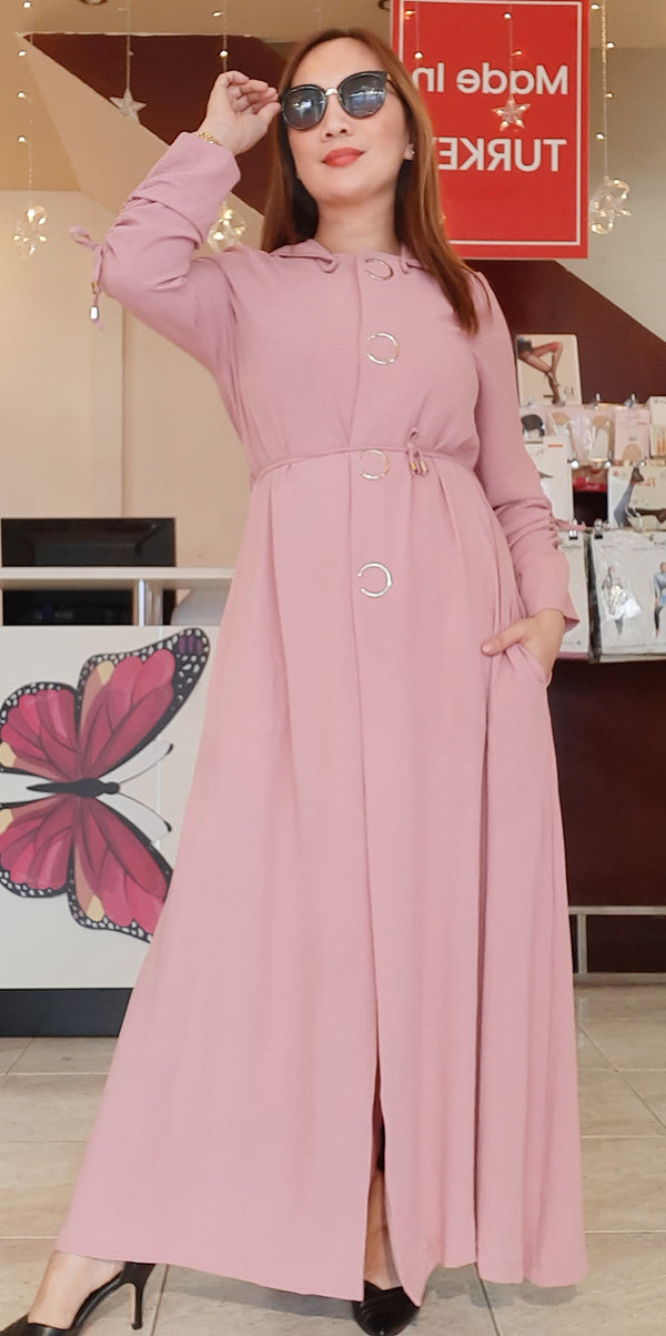 Pink Hoodie Big Buttoned Long Dress
