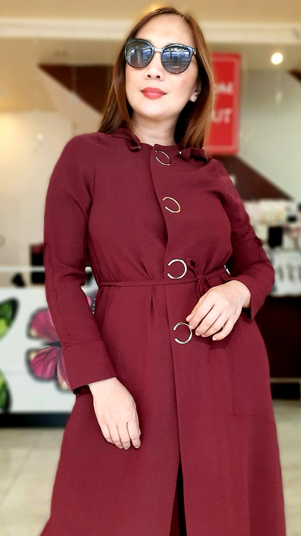 Maroon Hoodie Big Buttoned Long Dress