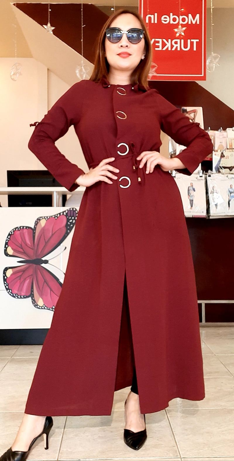 Maroon Hoodie Big Buttoned Long Dress