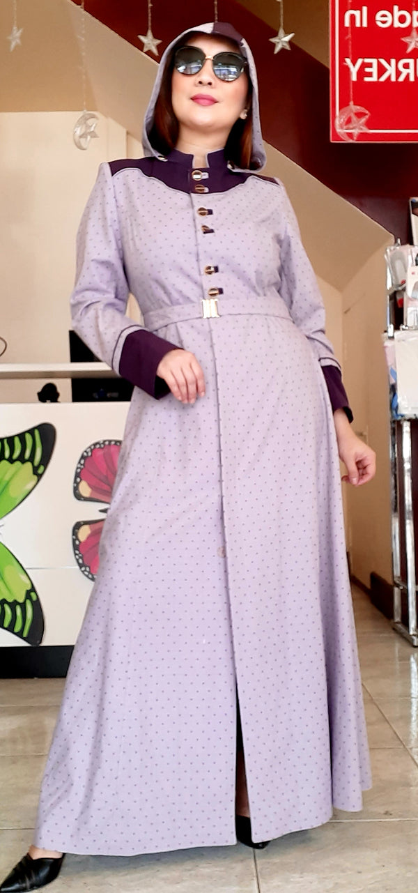 Purple Hoodie Belted Long Dress Abaya