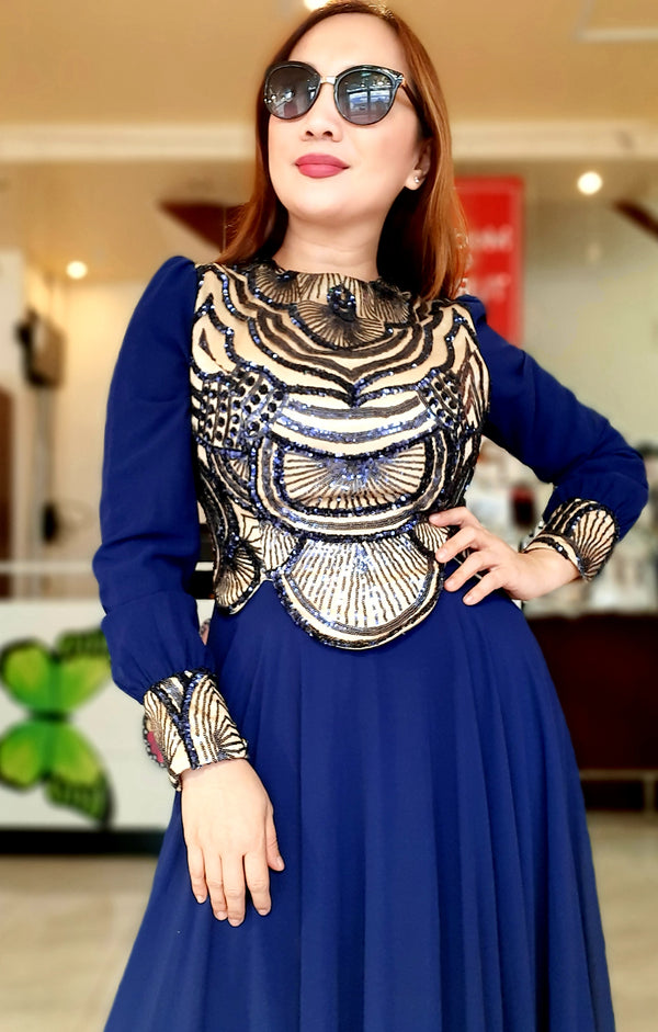 Dark Blue Sequin Chiffon Party Dress