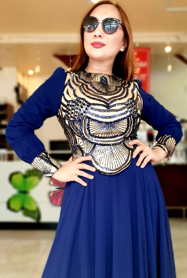 Dark Blue Sequin Chiffon Party Dress