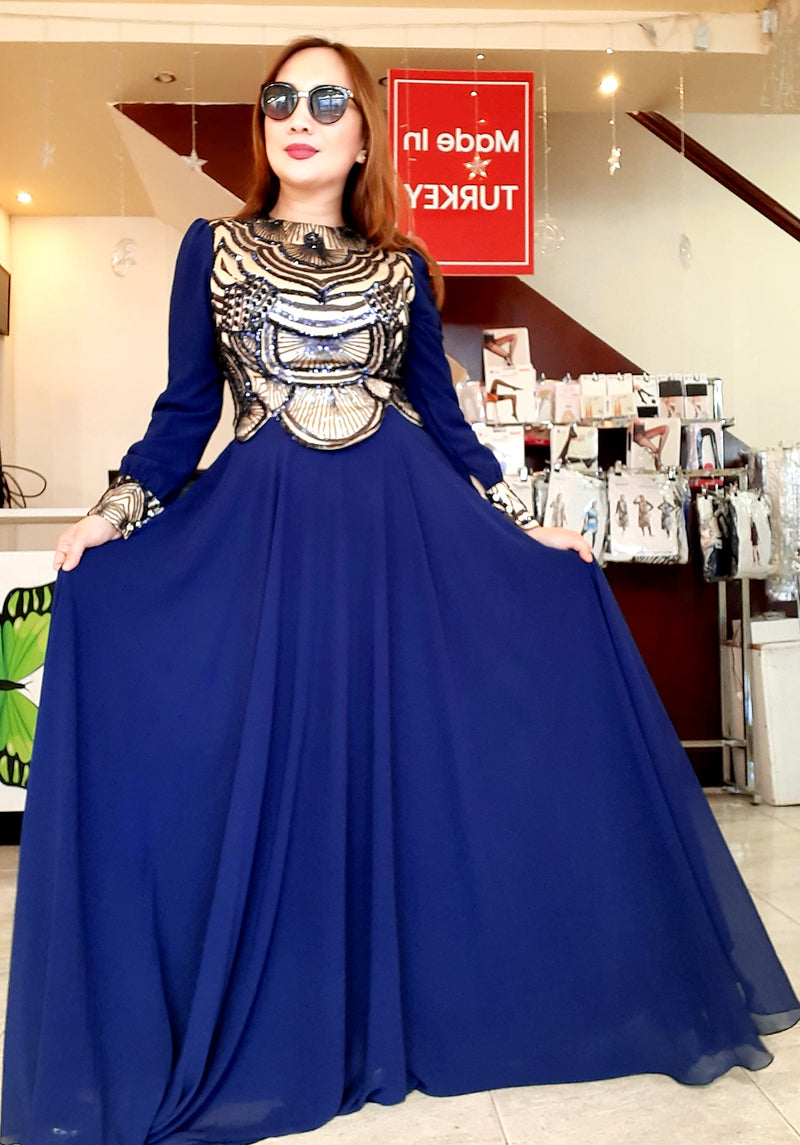 Dark Blue Sequin Chiffon Party Dress