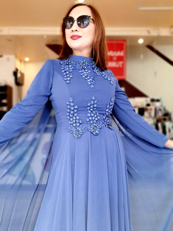 Blue Chiffon with Stone Design Long Party Dress