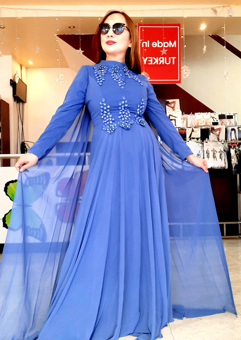Blue Chiffon with Stone Design Long Party Dress