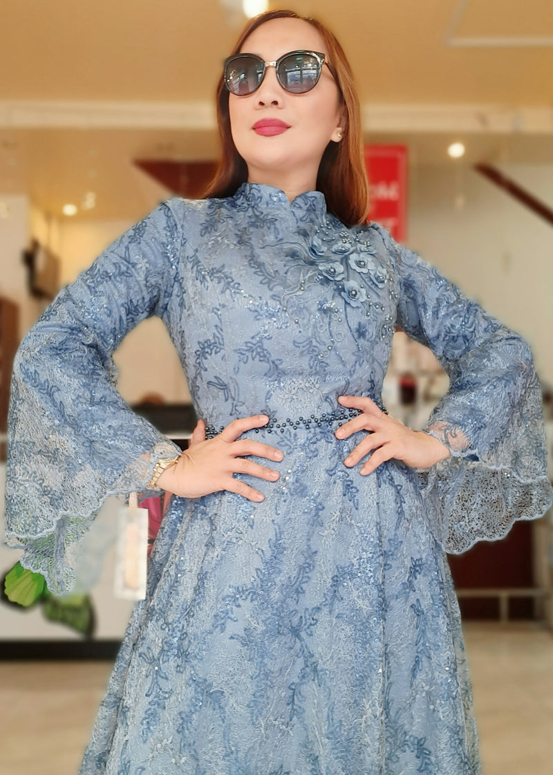 Blue Lace Long Party Dress