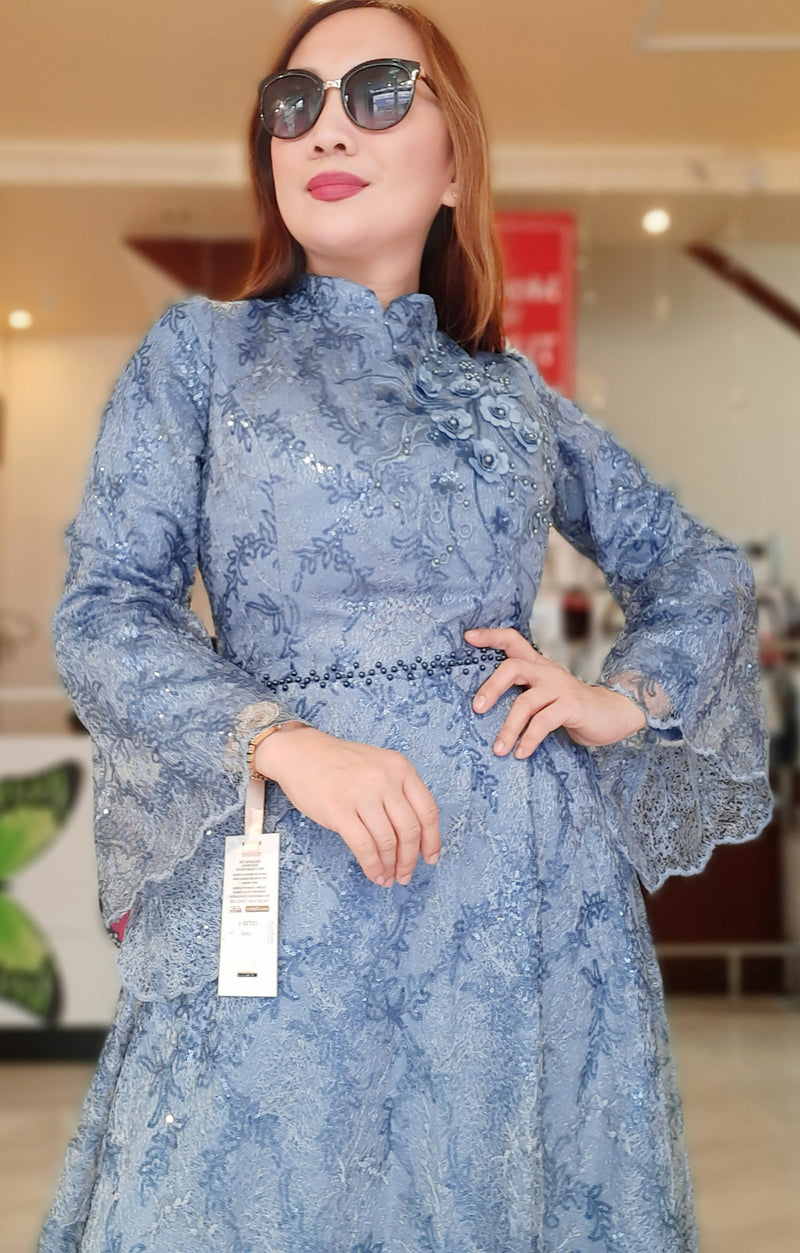 Blue Lace Long Party Dress