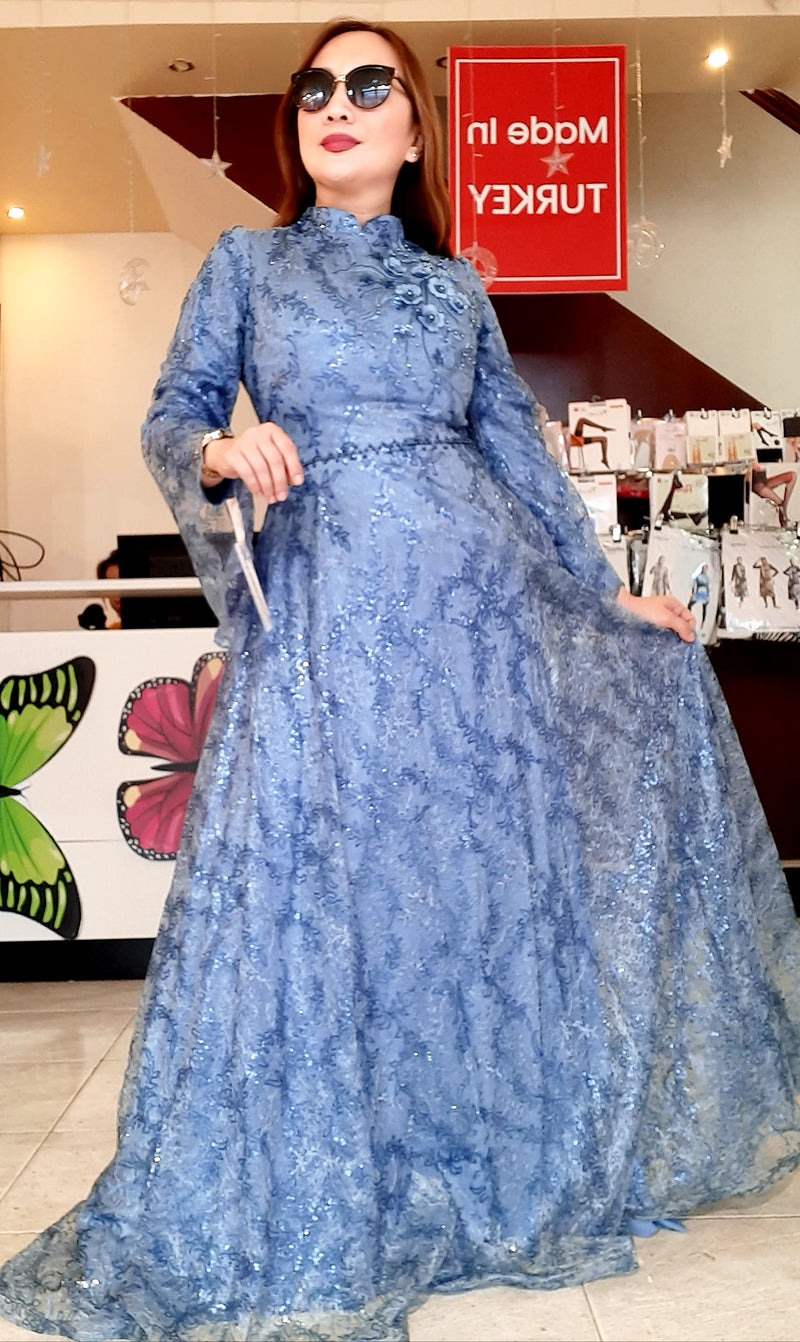 Blue Lace Long Party Dress