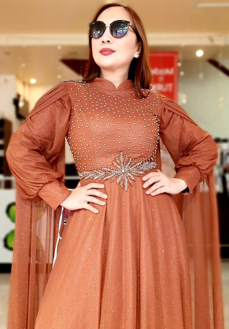 Brown Shimmer with Stone Design Long Party Dress