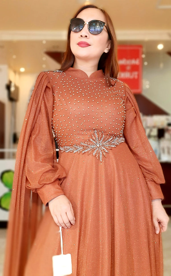 Brown Shimmer with Stone Design Long Party Dress