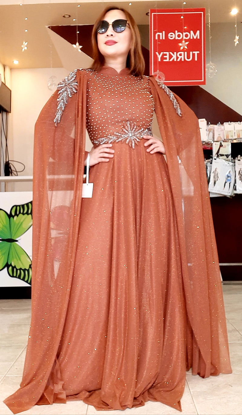 Brown Shimmer with Stone Design Long Party Dress