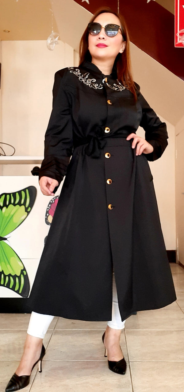 Black Buttoned Short Belted Dress Abaya